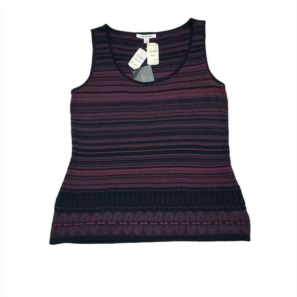 St. John Collection Santana Knit Top M Striped Sleeveless Tank Wool Rayo…